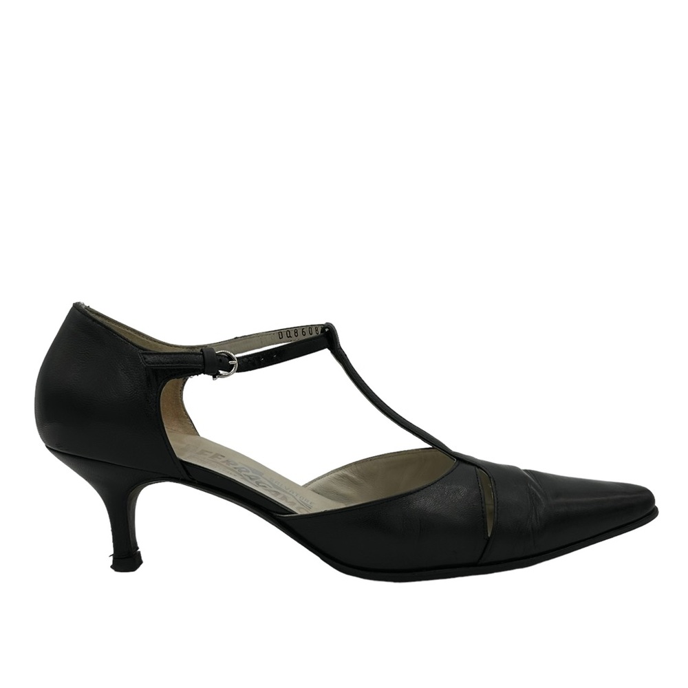 Ferragamo Leather D'Orsay T Ankle Strap Kitten Heel Pointy Toe Pump Size 7.5